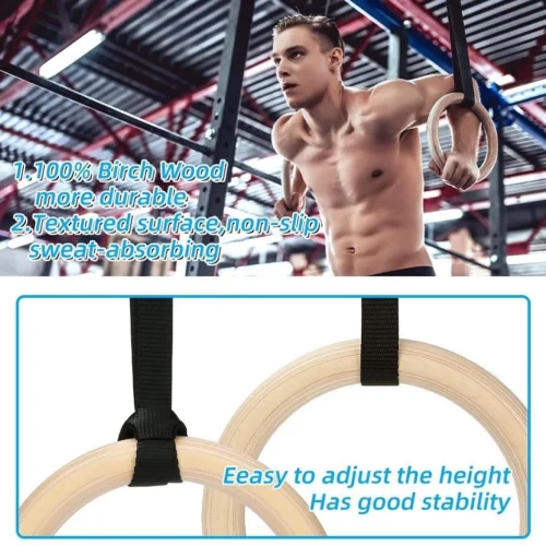 ed6cc9c3f0568476e4582b4749071860.webp Wood Gymnastic Rings Pull Up GYM Ring For Home Fitness Strength Training 2 8cm Adjustable Straps