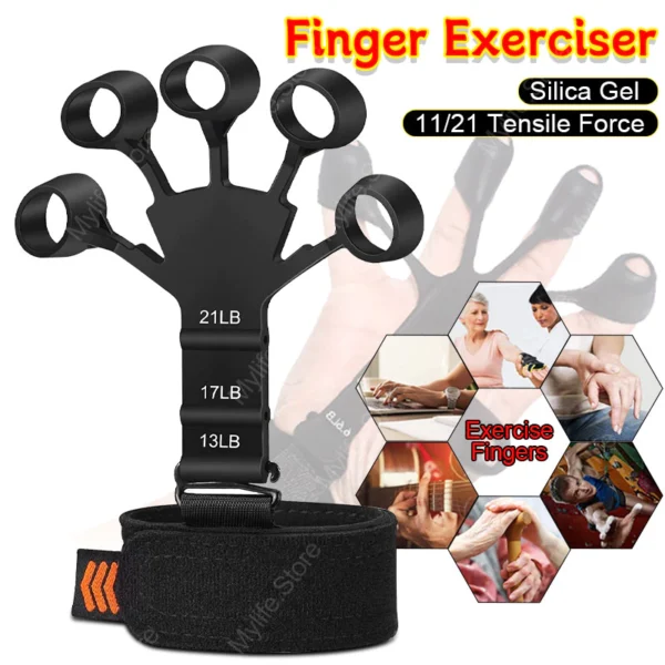 Finger Gripper Gripster Silicone Finger Exerciser Trainer with 6 Resistant Level Hand Wrist Band Strengthener