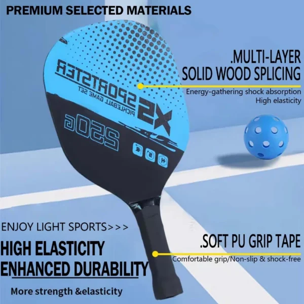 Pickleball Paddle and Racket Set Beginner Wood Racket with Cushion Grip 2 Rackets 4 Balls 1 bag